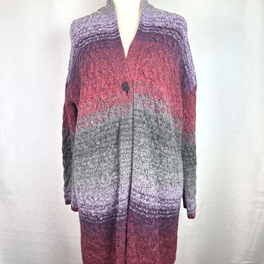 J.Jill Cable Knit Open‎ Front Cardigan Sweater Cozy Duster Purple Gray Women's S - Picture 4 of 7